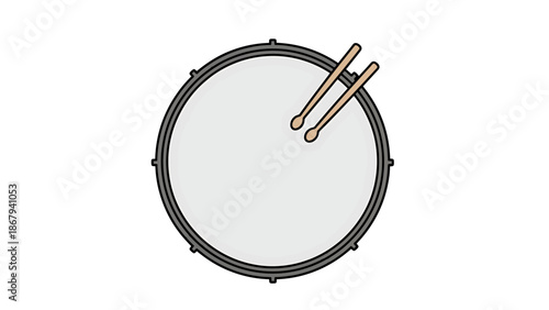 Percussion Instrument Drum with Sticks Overhead View Isolated on White Background