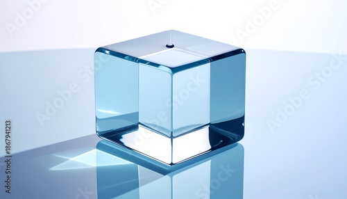 A clear, geometric cube sits on a reflective surface, casting a shadow