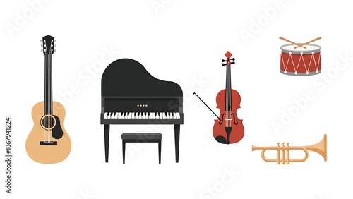 Collection of Diverse Musical Instruments on White Background