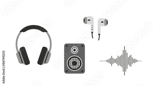 Audio Equipment and Sound Wave Icons Set