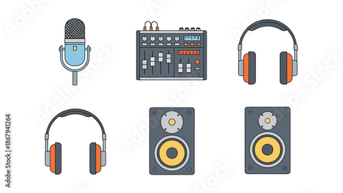 Audio Equipment Icons Microphone Mixer Headphones Speakers for Music Production and Sound Design