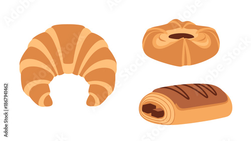 Assortment of Baked Pastries Croissant Danish and Chocolate Roll