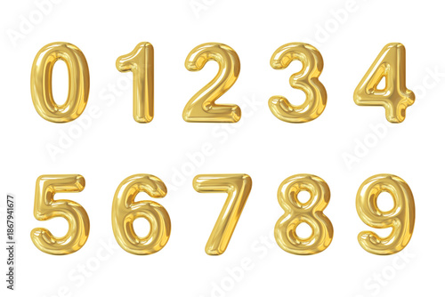 Numbers 123 gold balloon isolated on white background. Glossy 3D numeral for birthday, anniversary, celebration, luxury events, festive party decorations, and modern design concepts