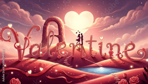 Valentines Day landscape with giant letters spelling Valentine a couple silhouetted against a heart-shaped sun symbolizing love and romance for greeting cards and celebrations
