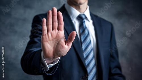 A formally dressed businessman confidently extends his open palm in a stopping gesture conveying authority and a firm refusal high quality