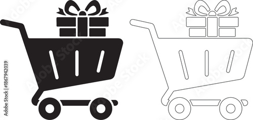 Black and white shopping cart with gift boxes