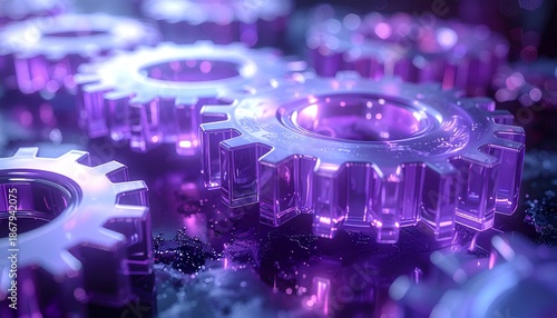 Close-up of glowing purple gears, glossy and reflective on dark surface