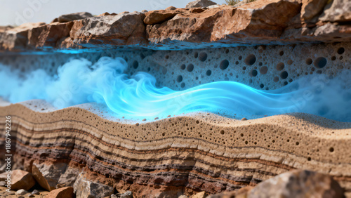Vibrant Blue Gas Flow in Layered Rock Formation with Intricate Geological Features