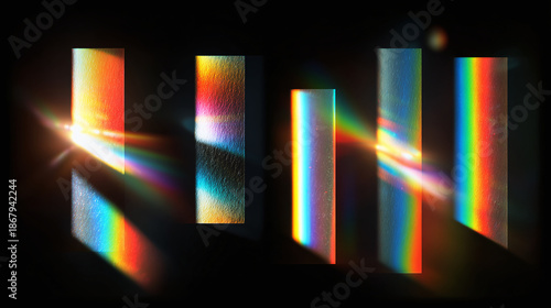 A stunning display of light refracting through prisms, creating a vibrant spectrum of colors, including rainbows. The scene shows different colorful refraction angles