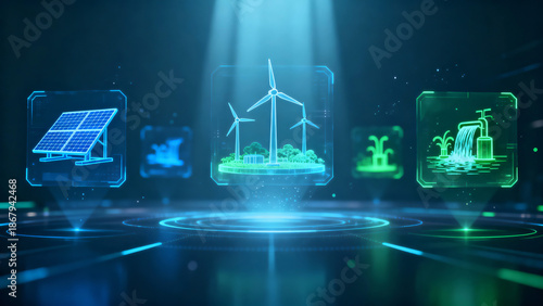 Innovative Renewable Energy Technology Illustrations with Solar and Wind Power