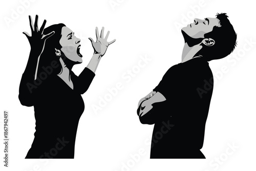 Black and white illustration of a man and woman in a heated argument or frustrated conversation with gestures