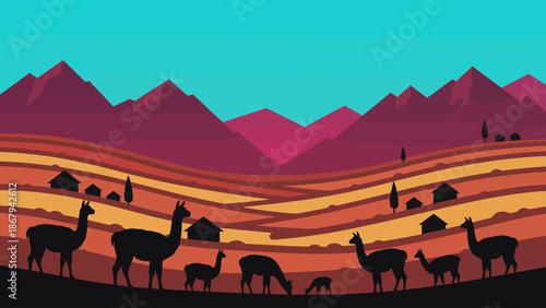 Andean Landscape with Llamas and Alpacas - Colorful Mountain Silhouette at Sunset Vector Illustration