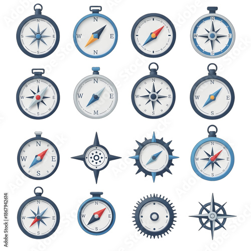 Collection of various compasses and navigation tools with directional arrows on white background for marketing and strategy workflows.