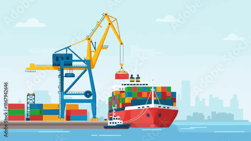 Container ship being loaded by a large crane at a busy port.