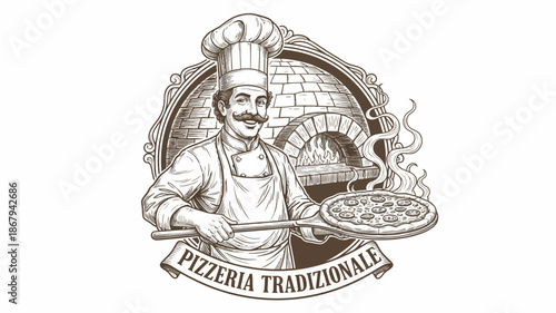 Traditional Italian Pizzaiolo Chef with Pizza - Vintage Pizzeria Illustration Vector