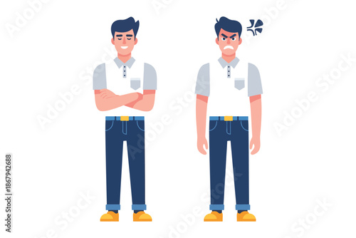 cartoon men in casual clothes standing with different facial expressions isolated on white background