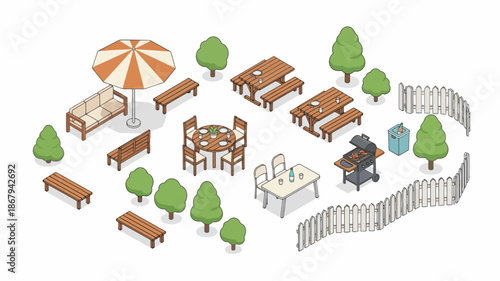 Outdoor Beer Garden Illustration - Picnic Tables BBQ and Relaxing Park Area Vector