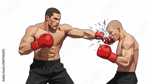 Boxing Match Knockout Punch - Intense Male Boxers Fight Action Vector Illustration