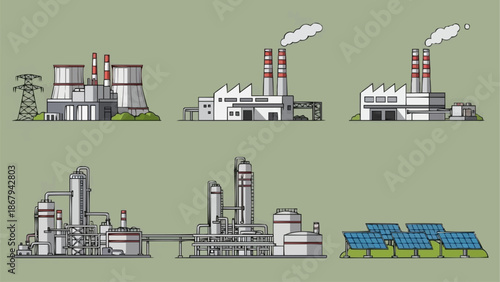 Collection of industrial factory buildings and solar panels.