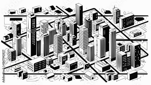 Modern Cityscape Illustration with Tall Buildings and Streets.