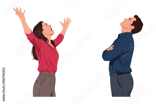 cartoon woman with arms raised and man laughing together isolated on white background