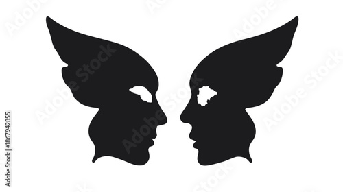 Abstract silhouette of faces with wings suggesting connection and freedom