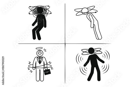 Four stick figures feeling stress and anxiety in different poses and reactions  overwhelmed people with tangled lines around heads and bodies in black and white illustrations
