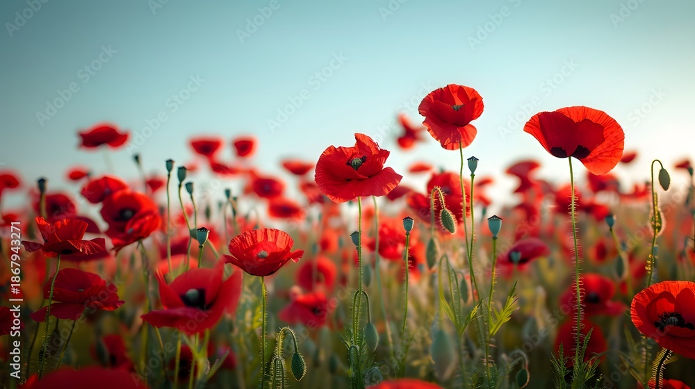 Obraz premium Bright Field Of Red Poppies At Sunset With Soft Blue Sky