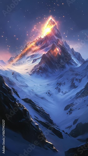 glowing snowy mountain peak with golden sparkles and blue night shadows