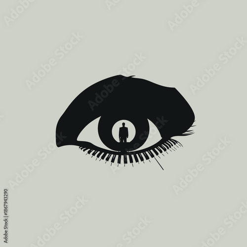 Conceptual eye silhouette with piano keys and silhouette figure design