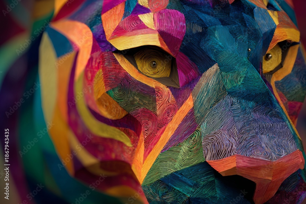 Obraz premium Colorful Origami Tiger Head Design with Bright Swirling Patterns Representing Nature s Power and Beauty in a Vibrant Artistic Expression