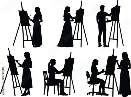 Silhouettes of diverse male and female artists painting on canvas with easels in various standing and sitting poses for creative projects