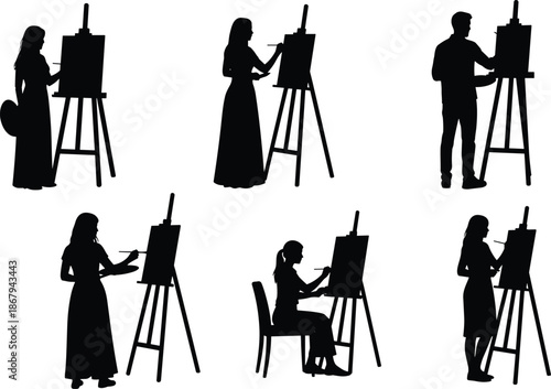 Black silhouette collection of male and female artists painting on canvas easels isolated on white background for creative art studio design