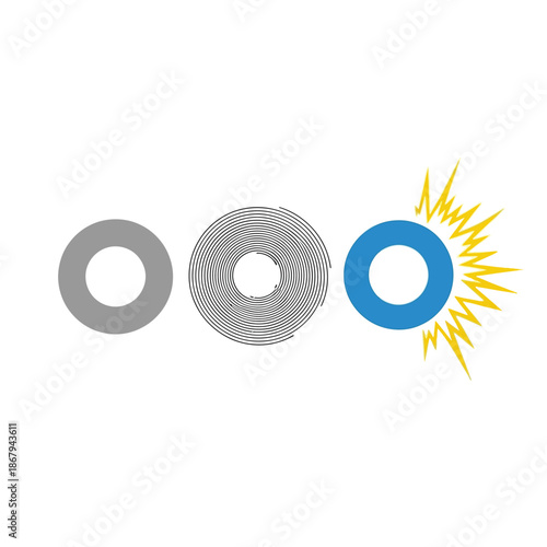 Progression of circular objects: a grey ring, a coiled spiral, and an energized blue ring with sparks.