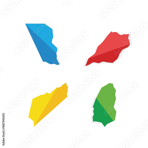 Four abstract, colorful, irregularly shaped polygons with a faceted, geometric design, arranged on a white background, resembling modern map elements or folded paper art.