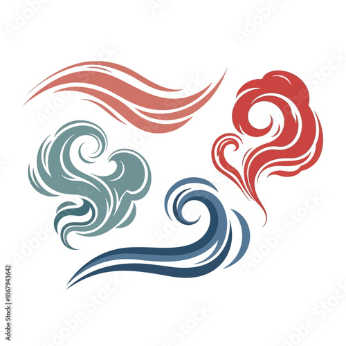 Stylized abstract elements depicting smoke, wind, or water currents in various colors and flowing shapes on a white background.