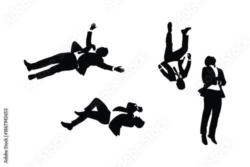 Silhouettes of businessmen falling and standing in various poses on white background
