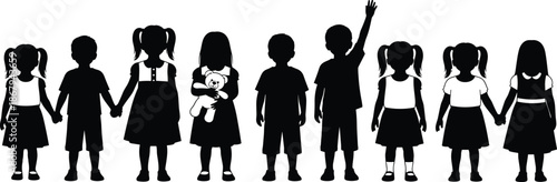 Set of diverse children silhouettes standing together and holding hands isolated on white background for family education and community design
