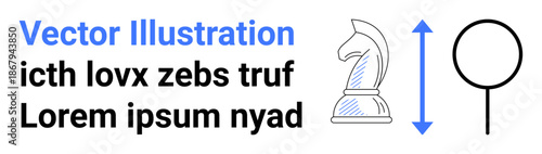 Business strategy, progress, communication, design resources, organization, planning. Chess knight alongside a circular symbol with an arrow. Business strategy and progress visualization