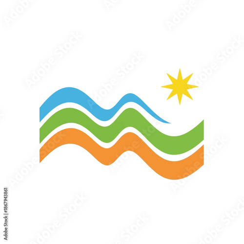 A vibrant logo featuring three flowing, wavy lines in blue, green, and orange, with a bright yellow star in the upper right corner, symbolizing nature, energy, and progress.