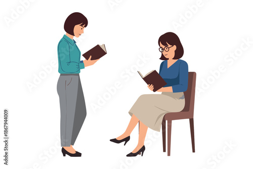 Two women reading books one standing and one sitting on chair in casual office setting