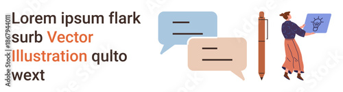 Team collaboration, creative ideas, brainstorming, communication tools, educational material, business planning. Text bubbles, pen and person with lightbulb board. Team collaboration and creative