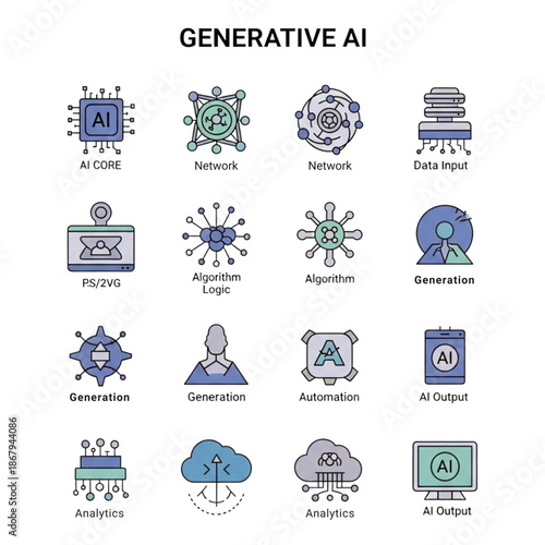 Flat lay of workflow icons including core, network, data input, and automation on a clean white background with a modern and technological mood.