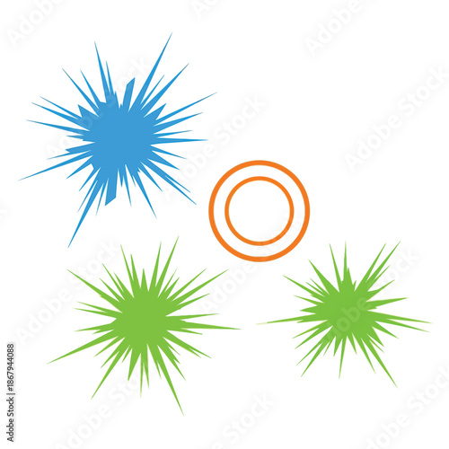 Abstract graphic design with blue and green spiky shapes and an orange double-ring circle on a white background.