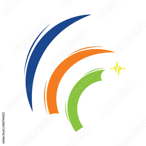 Abstract logo with three colorful brushstroke arcs and a yellow waveform signal.