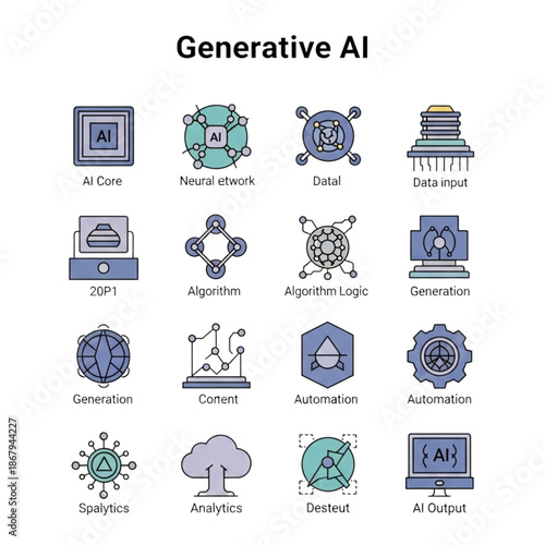 Flat lay of various workflow icons on a clean white background, conveying a technological and innovative mood with blue and grey tones.