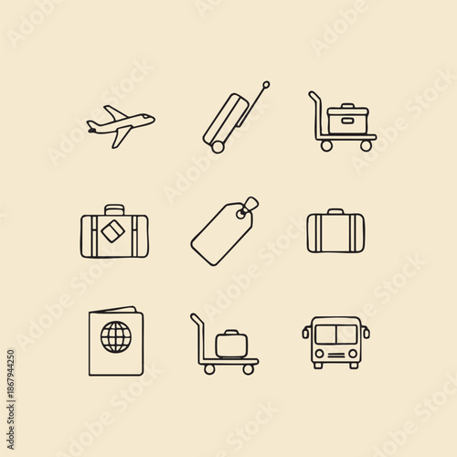 airplane, airport tower, passenger terminal, luggage, suitcase, travel tag, passport, baggage cart, bus, taxi, train.eps