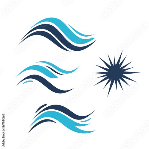 Abstract wave designs in blue and dark blue with a spiky starburst shape on a white background, suitable for logos or graphic elements.