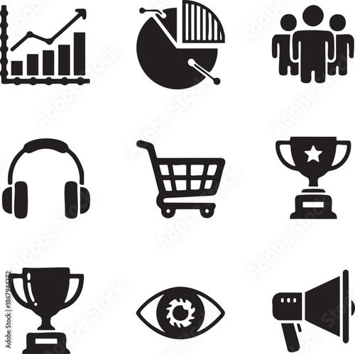 analytics graph, pie chart, group of people, headphones, shopping cart, trophy, cup, eye, megaphone.eps