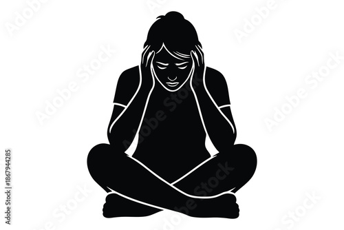 woman sitting crosslegged with hands on face in a yoga pose isolated on white background